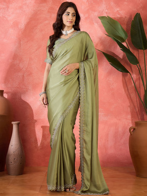 Sangria Embellished Saree with Attached Blouse Silk Blend Saree(Light Green)