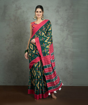 Sareemall Printed Ikkat Cotton Blend Saree(Green)