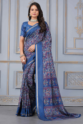 STAVA CREATION Printed Bollywood Cotton Silk Saree(Blue)