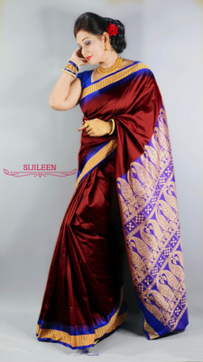 Sijileen Temple Border, Solid/Plain Sambalpuri Silk Blend Saree(Maroon)