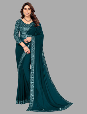 RJTAJ FAB Self Design, Solid/Plain Bollywood Georgette Saree(Blue)