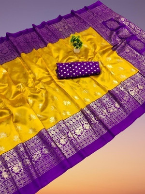 Kanooda Prints Printed Mysore Art Silk Saree(Yellow)