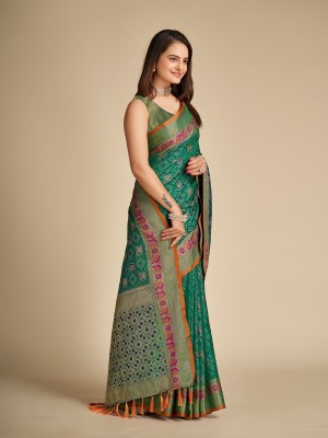 IRIS Woven Patola Pure Silk Saree(Green)