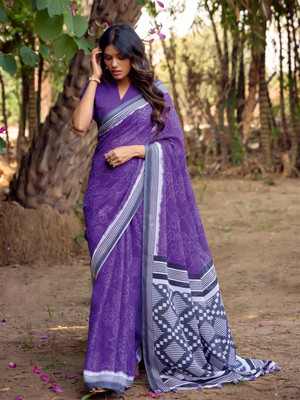 Sareemall Printed Leheria Linen Saree(Purple)