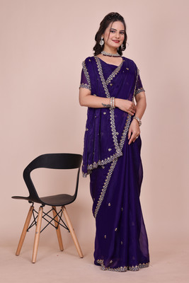 saanvi Solid/Plain, Self Design, Embroidered Bollywood Jimmy choo, Chiffon Saree(Purple)