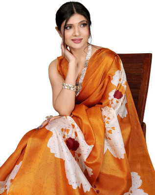 Priyashi Floral Print Bollywood Art Silk Saree(Yellow)