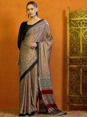 Sangria Printed Hand Batik Satin Saree(Beige)