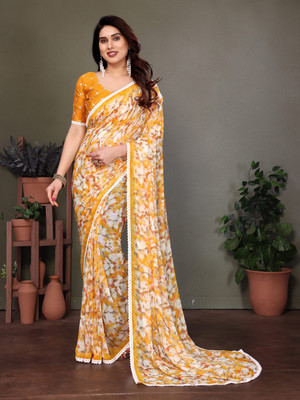 Moda Rapido Printed Bollywood Georgette Saree(Yellow, White)