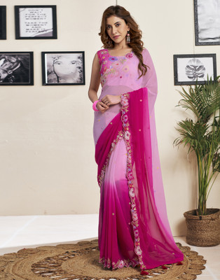 all about you Dyed, Embellished, Embroidered Bollywood Georgette Saree(Pink, Magenta)