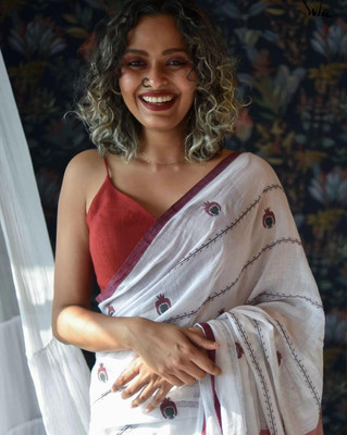 Joyguru Textile Self Design Handloom Handloom Pure Cotton Saree(White)