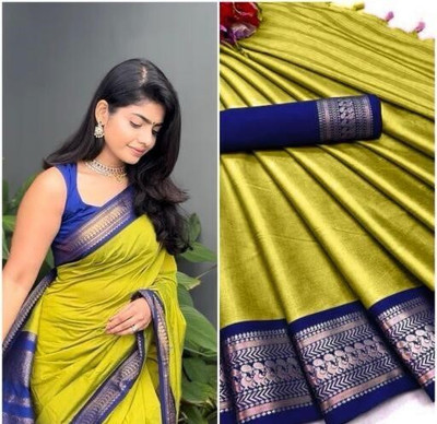 Paramparik Textile Woven Gadwal Cotton Silk Saree(Light Green)