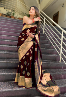 manmohitsaree Woven Banarasi Jacquard Saree(Maroon)