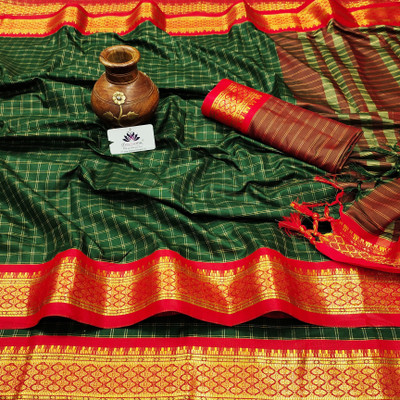 sanvi Woven, Checkered, Embellished, Self Design Daily Wear Jacquard, Cotton Silk Saree(Green)