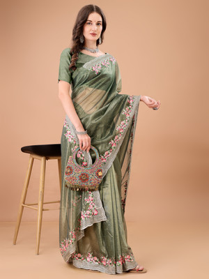 SPAREN CREATION Embroidered Bollywood Net Saree(Dark Green)
