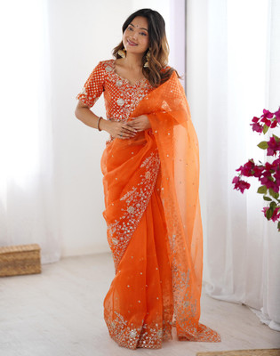 Satrani Embroidered, Embellished Bollywood Organza Saree(Orange)