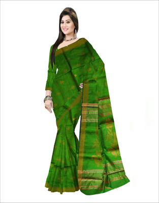 Pradip Fabrics Self Design Handloom Cotton Blend Saree(Green)