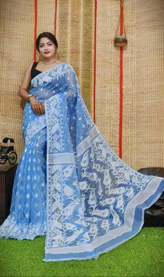 maa agameswari Self Design Jamdani Cotton Silk Saree(Pack of 2, Light Blue)