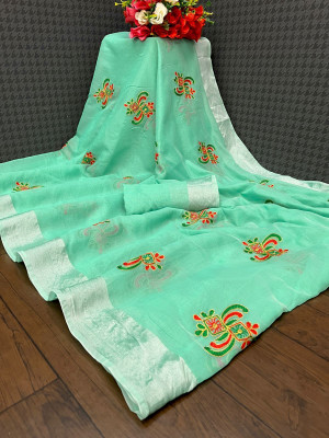 KRIVITY Embroidered Chanderi Cotton Linen Saree(Light Blue)