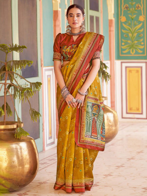 Tasrika Printed Daily Wear Silk Blend Saree(Mustard)