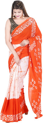 SUNDREESAREE Printed Ikkat Pure Cotton Saree(White, Orange)