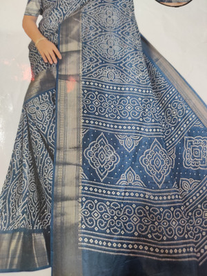 RIDDHI Printed Bandhani Cotton Silk Saree(Dark Blue)