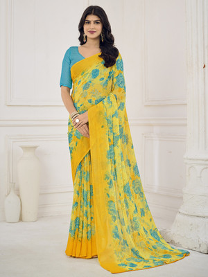 Divastri Floral Print, Geometric Print, Digital Print, Printed Bollywood Chiffon Saree(Yellow)
