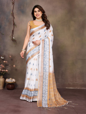 GALANI ENTERPRISE Printed Bollywood Cotton Linen Saree(Pack of 2, Cream)
