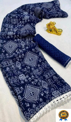 ZENFAB THREADS Printed Bollywood Georgette Saree(Dark Blue)