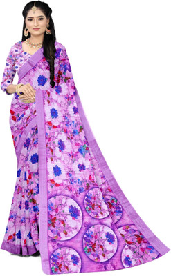 DAZLIO Printed Daily Wear Cotton Linen Saree(Purple)