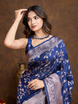 Shreyansh creation Woven Bollywood Pure Silk Saree(Dark Blue)