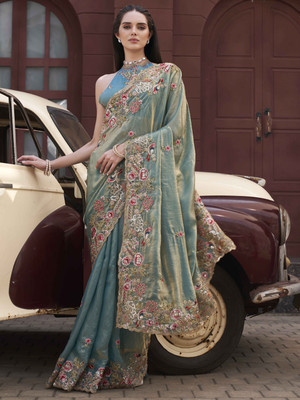 Tikhi Imli Embroidered Bollywood Satin Saree(Blue)