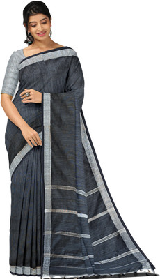 DipDiya Solid/Plain Handloom Cotton Blend Saree(Black)