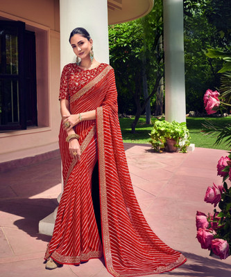 SIRIL Striped, Embellished Bandhani Georgette Saree(Red, Gold)
