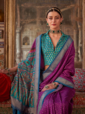 ANOUK Printed Bandhani Silk Blend Saree(Magenta)