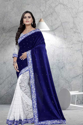 Freydis Self Design Banarasi Velvet Saree(Blue, White)