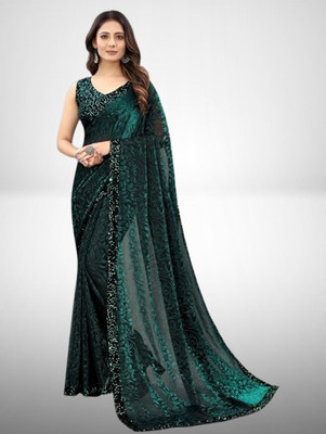 Vragi Floral Print Bollywood Lycra Blend Saree(Green)