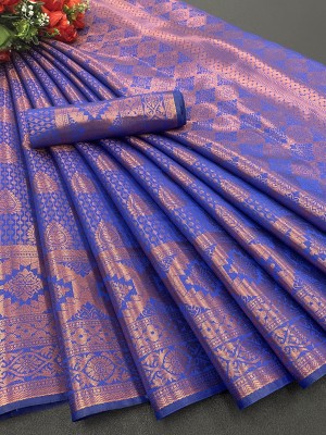 ananttimbadiya Woven, Self Design Kanjivaram Jacquard, Cotton Silk Saree(Blue, Gold, Silver)