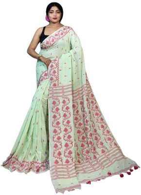 ANU INDIAN FASHION Woven, Self Design Handloom Cotton Blend Saree(Light Green)