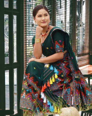 Sheden Lopez Creation Woven Mekhela Chador Cotton Blend Saree(Green)