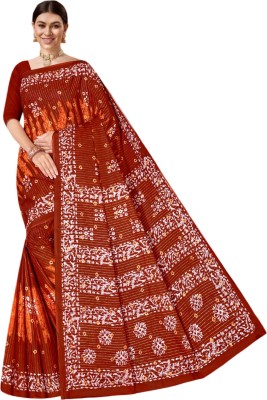 MADHAV Printed Hand Batik Pure Cotton Saree(Brown)