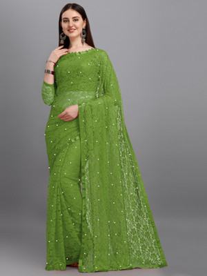 LOROFY Self Design Bollywood Net Saree(Green)