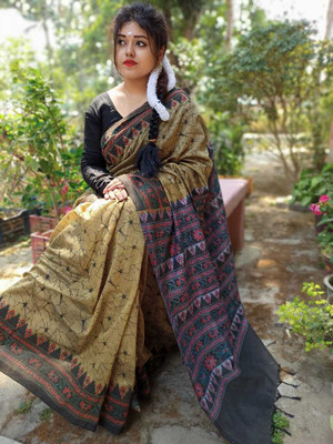 TITHISAREES Printed Sambalpuri Cotton Blend Saree(Brown)