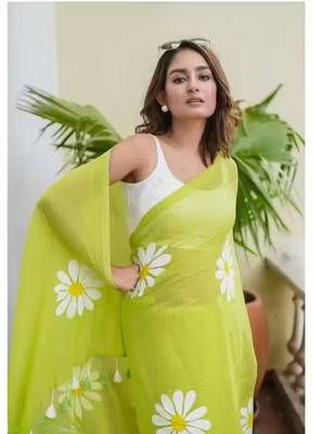 PRANJAL ART Floral Print Bollywood Cotton Linen Saree(Light Green)