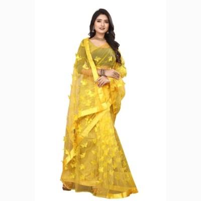 M KRISHNA CREATION Embroidered Bollywood Net Saree(Yellow)