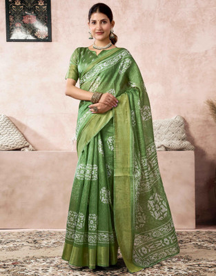 Anmi Geometric Print, Printed, Embellished Daily Wear Cotton Blend Saree(Green)
