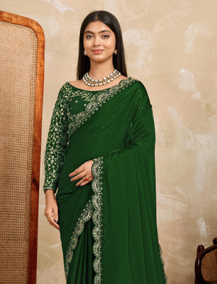 Sinauli Solid/Plain, Embroidered Daily Wear Georgette, Silk Blend Saree(Green)
