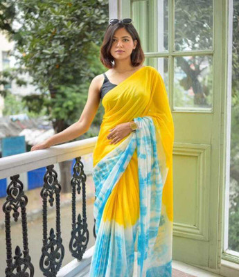 ASHTA Floral Print Kanjivaram Linen Saree(Yellow)