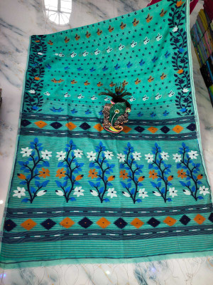 SAHA TEXTILE Self Design Jamdani Cotton Blend Saree(Light Blue)