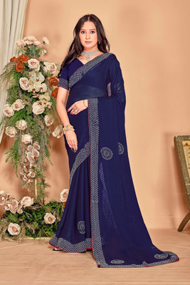 Sareeve Embellished, Solid/Plain Bollywood Georgette Saree(Dark Blue)