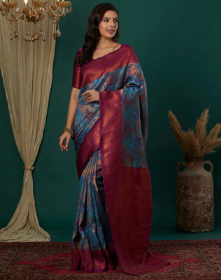 Divastri Woven, Embellished Kanjivaram Silk Blend, Jacquard Saree(Blue)